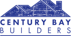 The logo for century bay builders shows a blueprint of a house.